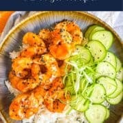 Teriyaki Shrimp in a bowl with rice, scallion strings and cucumbers.
