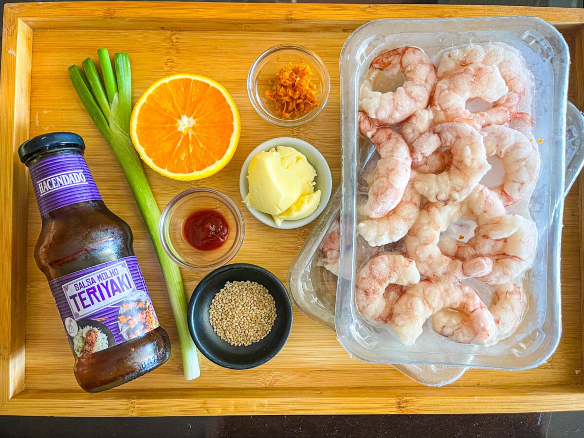 Ingredients for Air Fryer Teriyaki shrimp on a tray.