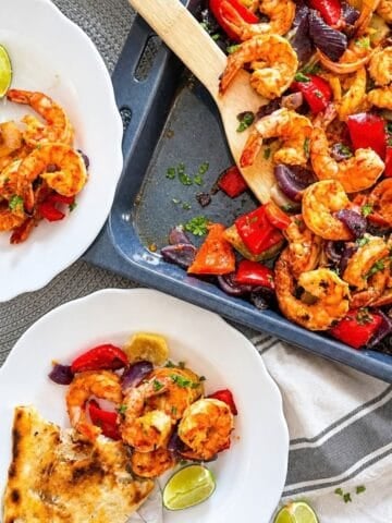 Harissa shrimp on a sheet pans and two bowl