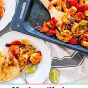 Harissa shrimp on a sheet pans and two bowl