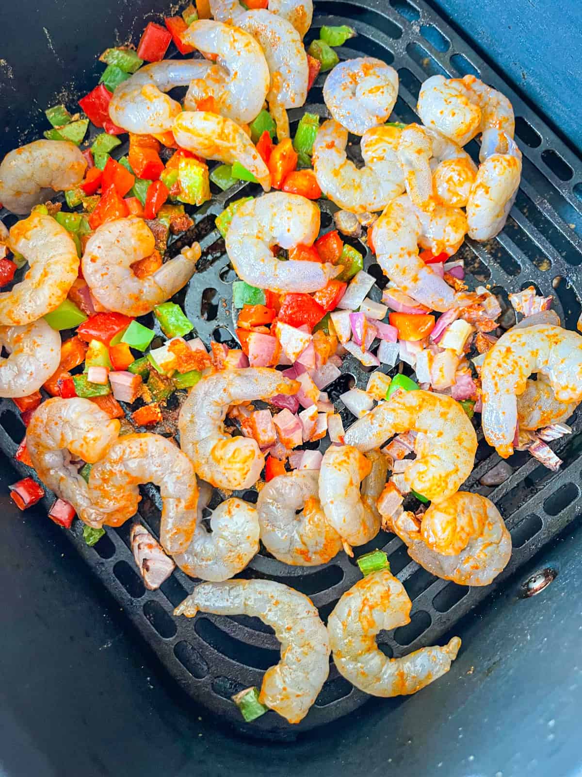 shrimp and vegetables in air fryer.