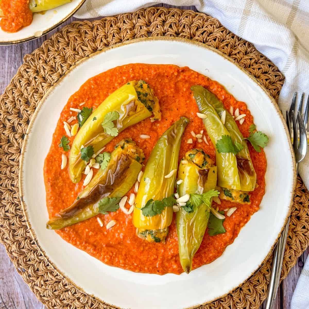 Shrimp Stuffed Hungarian Wax Peppers With Romesco Sauce