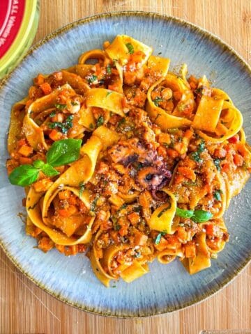 octopus pasta in a shallow bowl, pappardelle coated in tomato ragu with torn basil and Parmesan.