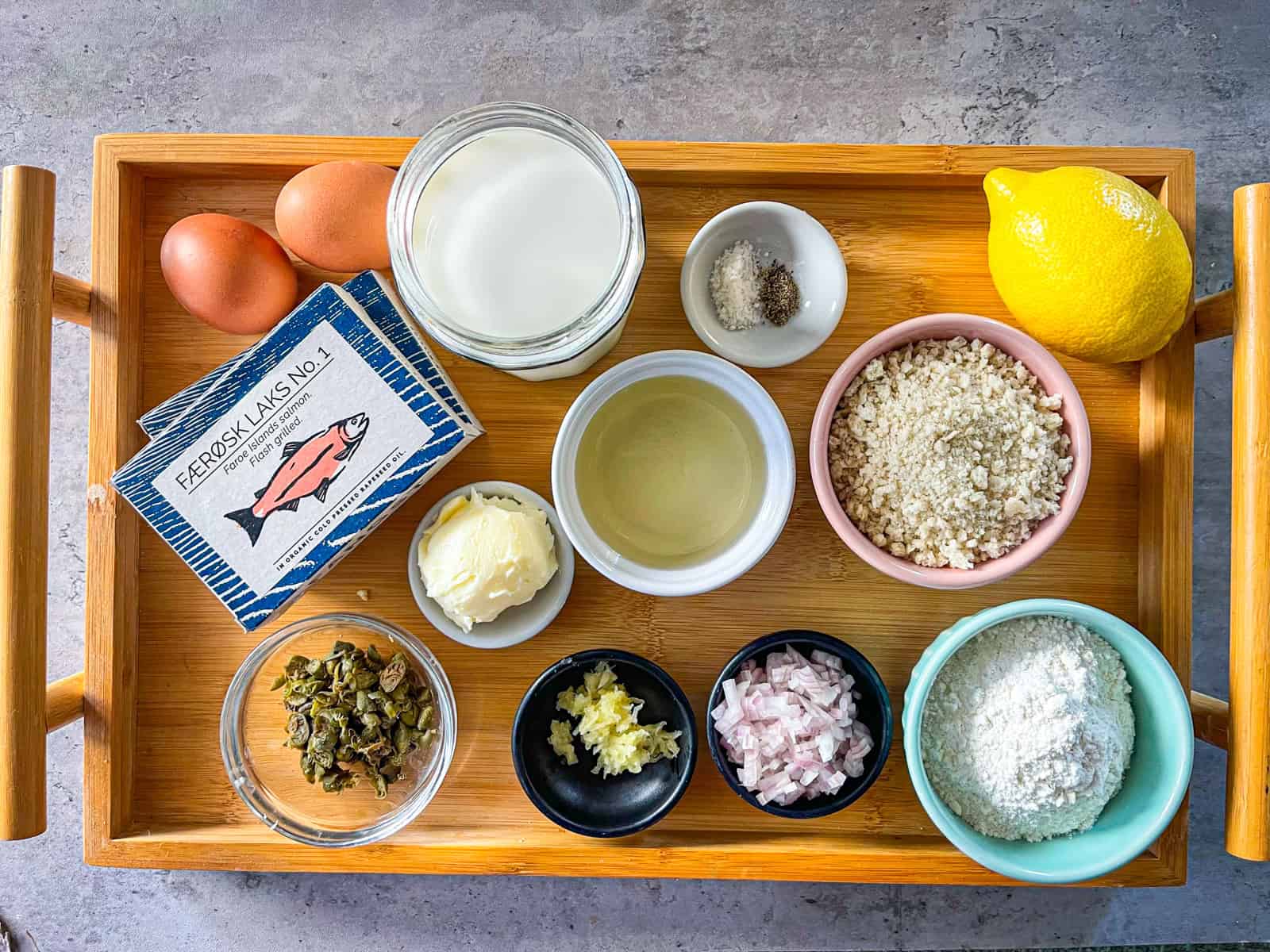 ingredients for Spanish-style salmon croquetas.